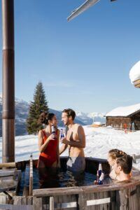friends enjoying beer and winter