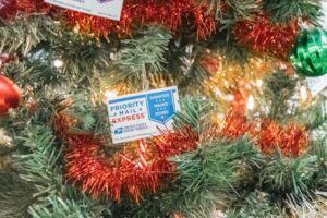 Package in christmas tree for holidays
