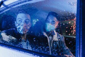 Couple riding in car photo