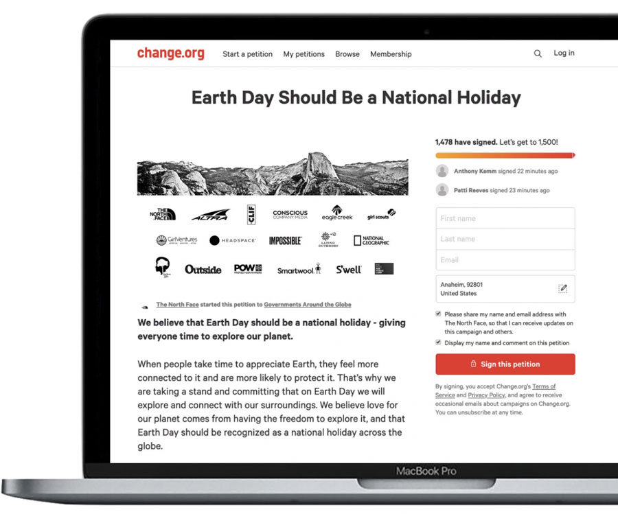 change.org computer screen grab of earth day as a national holiday article
